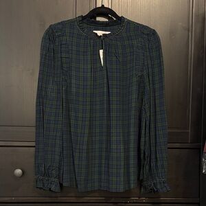 LOFT Green and Blue Plaid Ruffle-Neck Long Sleeve Blouse